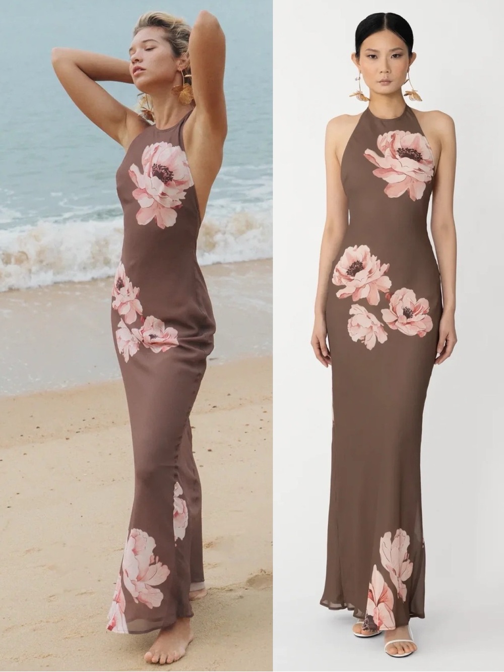 SAU Lee Gwenyth Floral Halter Maxi Dress Brown Pink Peonies NEW with tags